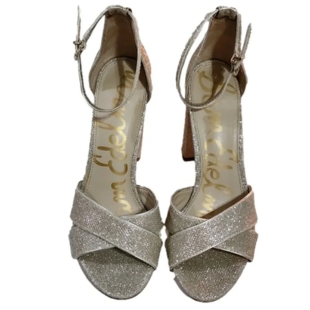 Sam Edelman Women's Gold‎ Glitter Ankle Strap Block Heel Sandals Party Shoes 10 - Picture 2 of 16